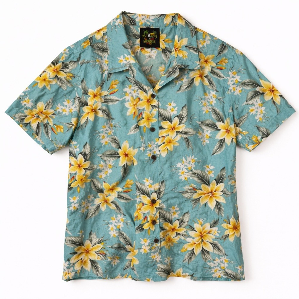 Vintage style Hawaiian Shirt 3X Sky Blue Plumeria Floral Cotton USA Plus Size